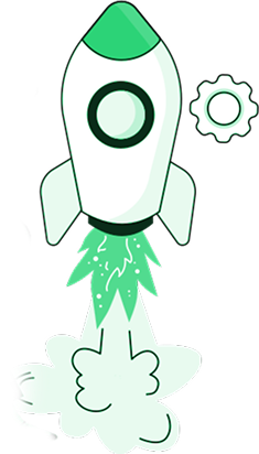 Cartoon rocket launching with green flames.