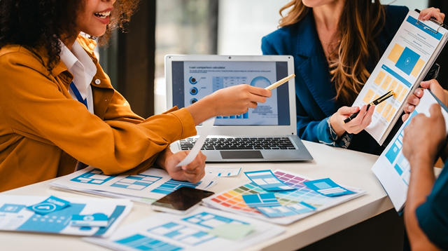 Team brainstorming over design and data charts.