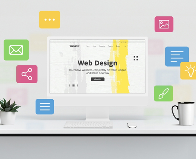 Web design interface with colorful graphic icons.